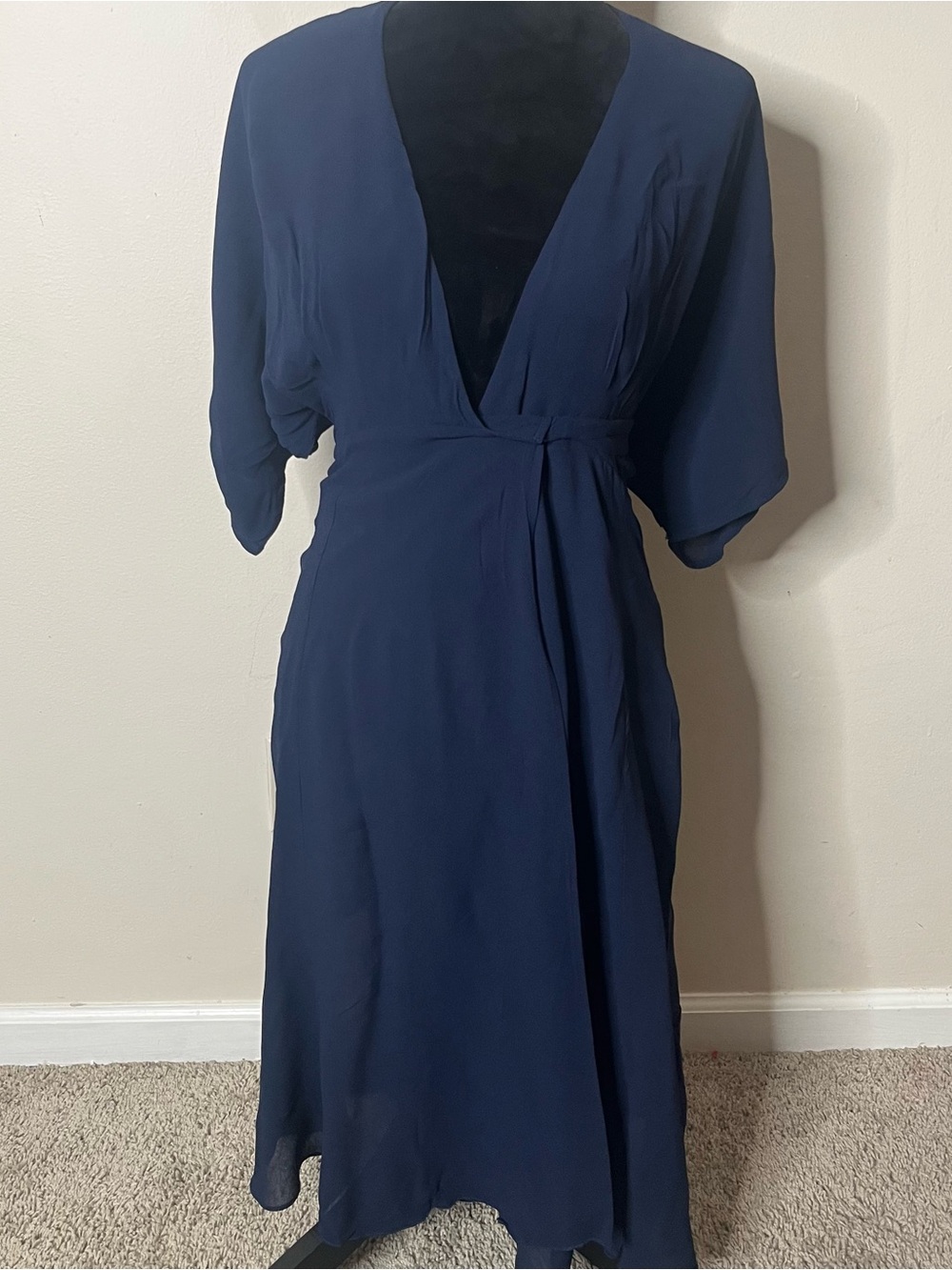 Reformation Women’s Navy V-Neck Short Kimono Sleeve Wrap Georgette Midi Dress S